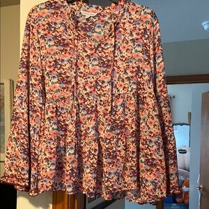 Orange, Pink and Blue Long Sleeve Tie Front Blouse